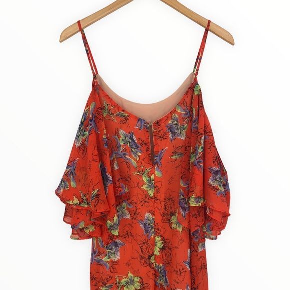 Adelyn Rae Orange Floral Off Shoulder Ruffle Asymmetrical Hem Dress size XS - Picture 7 of 13